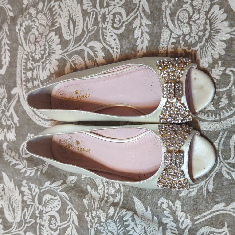 Kate Spade Sz 7 Vanna Rhinestones Bow White Ivory Satin Flats Bridal Wedding